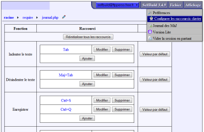 Configuration des raccourcis